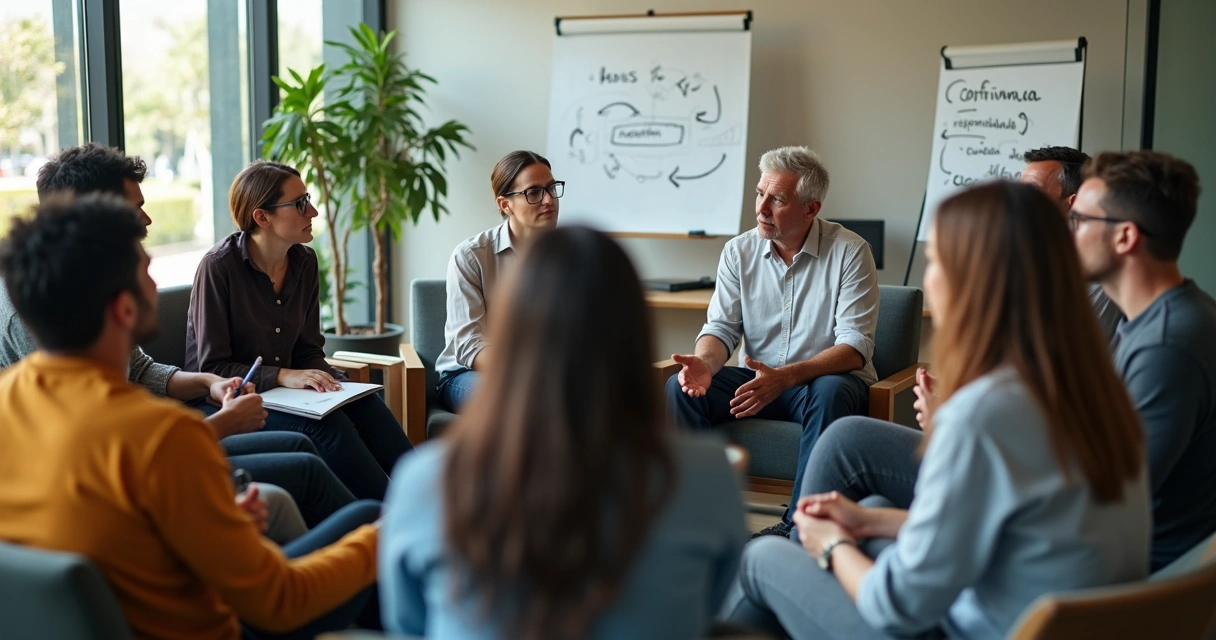 Líder escutando equipe em roda de conversa em escritório moderno 