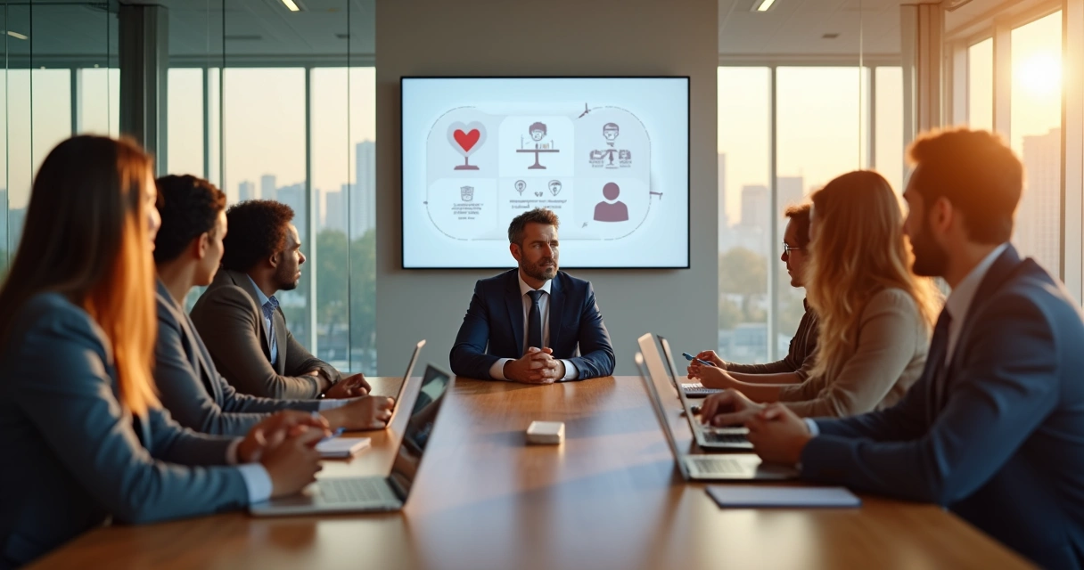 Reunião de líder com equipe diversa em ambiente corporativo moderno 