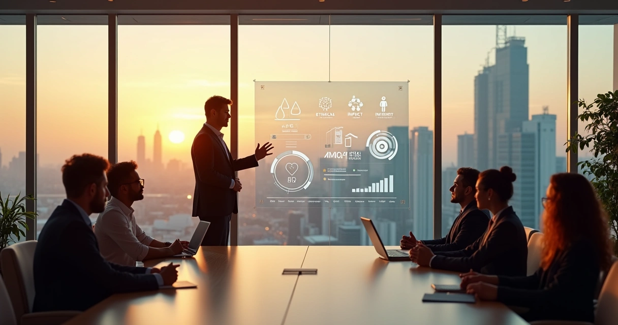 Líder jovem apresentando indicadores éticos em reunião estratégica 