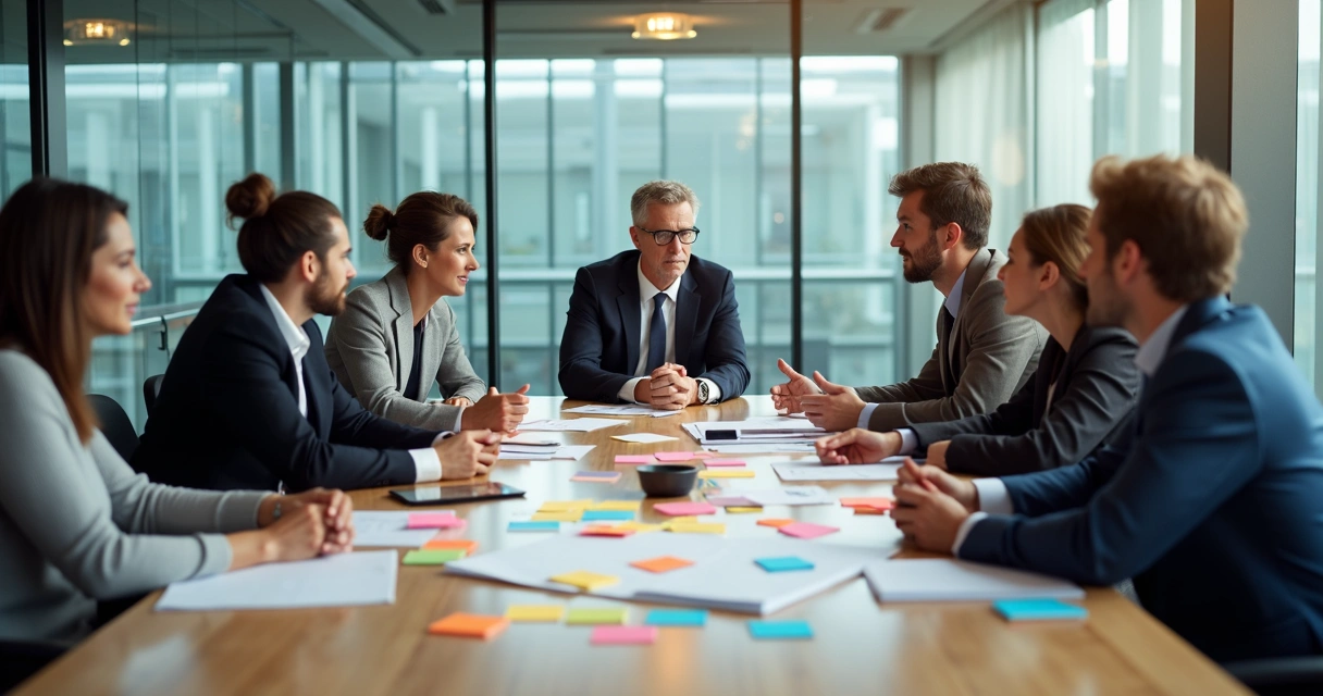 Mesa de reunião com pessoas diversas trocando ideias 
