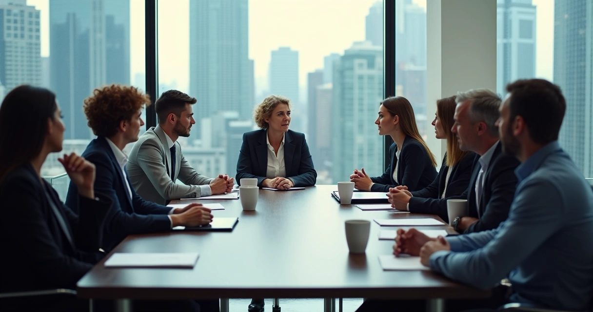 Equipe de trabalho sentada ao redor de uma mesa em discussão séria 