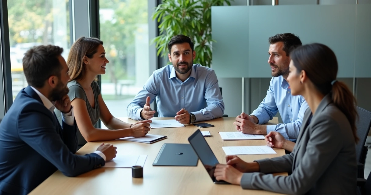 Reunião de equipe com líder escutando colaboradores de forma atenta 