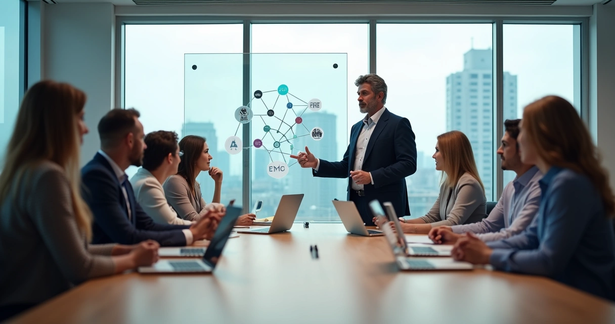 Líder guiando discussão ética com equipe em reunião de trabalho 
