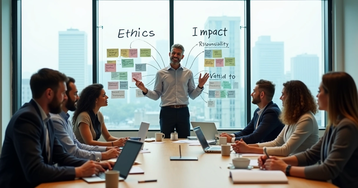Líder em reunião orientando equipe com foco em ética e responsabilidade 