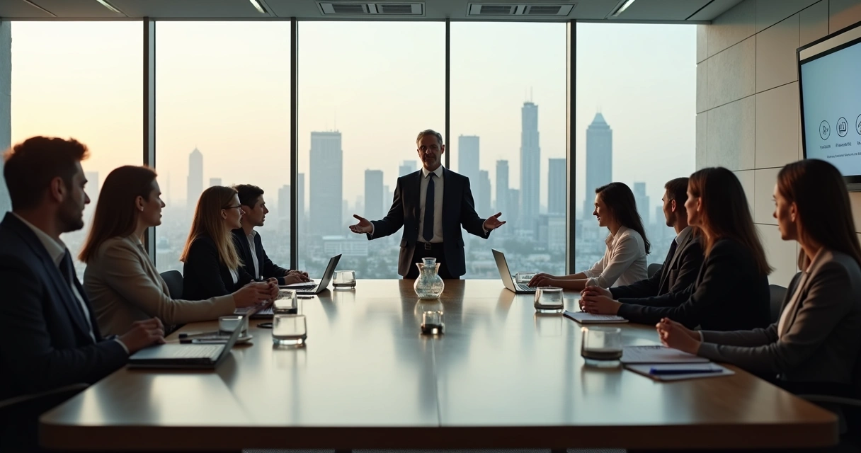 Líder corporativo em reunião com equipe demonstrando ética e transparência 