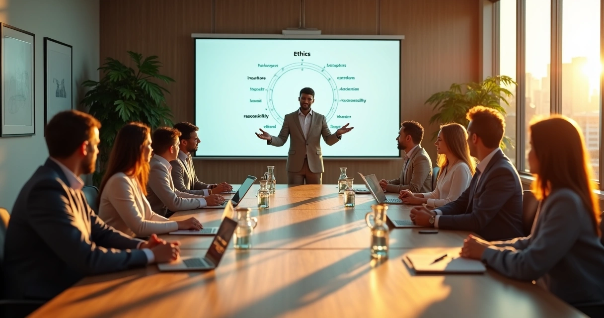 Líder conduz reunião ética com equipe diversa em sala moderna iluminada 