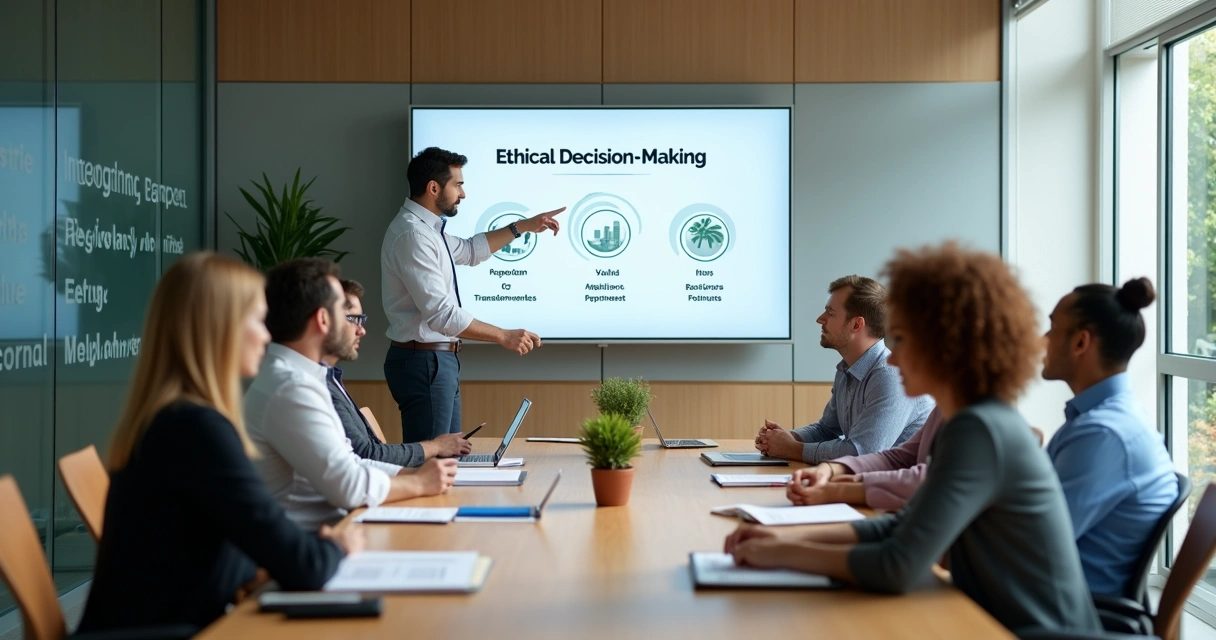 Líder apresentando princípios éticos em reunião corporativa 