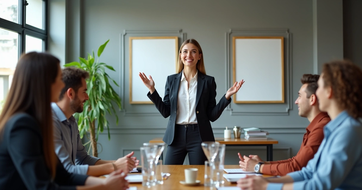 Líder sorrindo incentivando equipe em reunião 