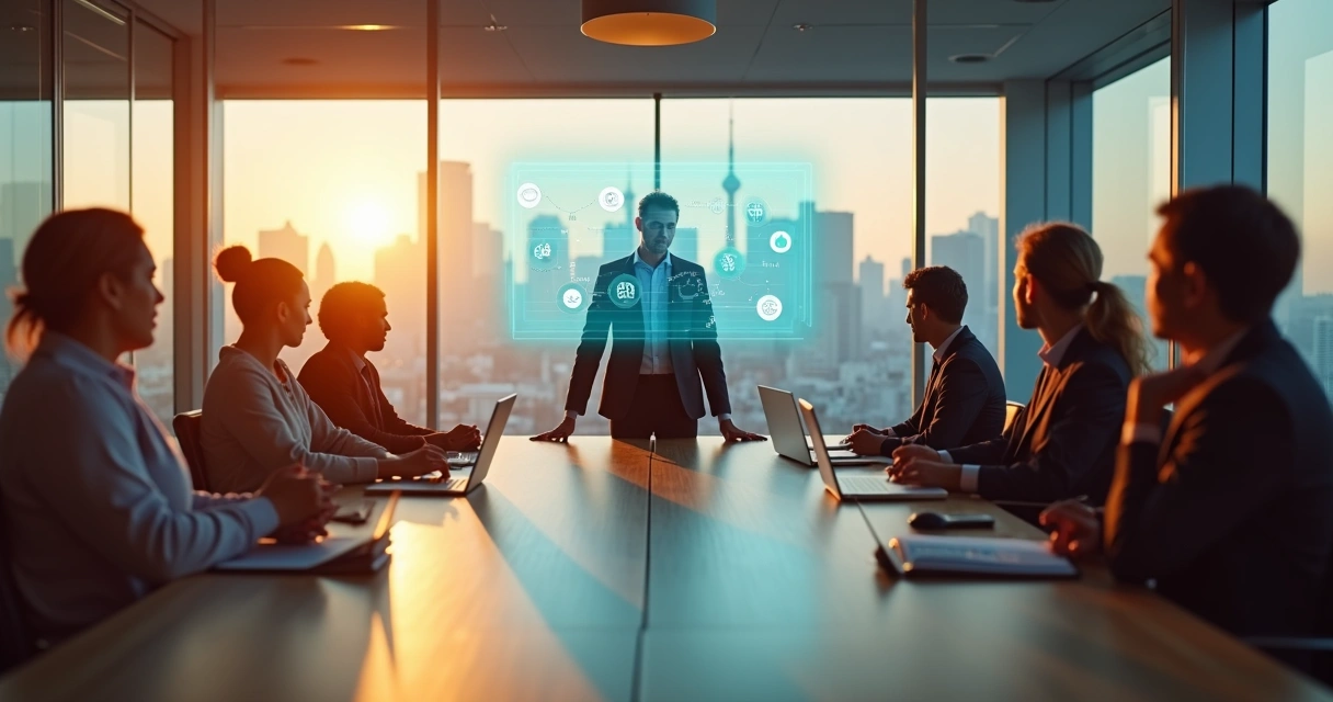 Líder refletindo sobre decisão ética diante de equipe em ambiente corporativo moderno 