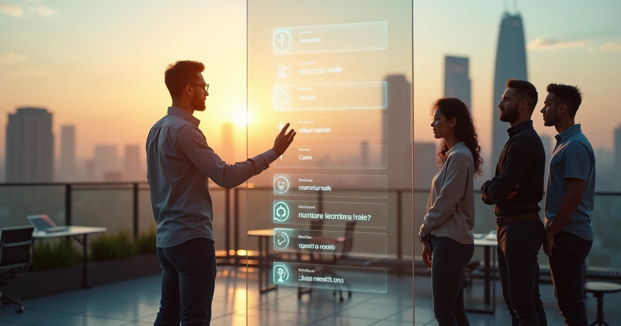 Líder em startup global avaliando princípios éticos em painel transparente 
