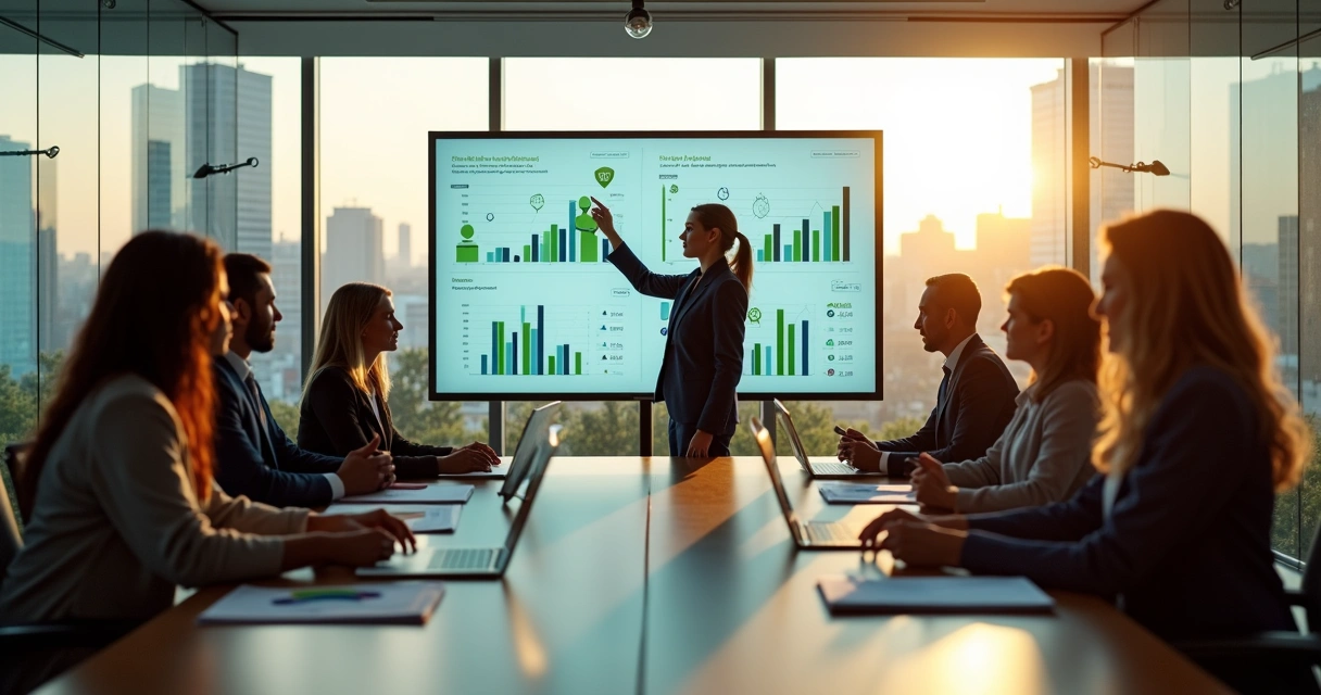 Executivos em reunião avaliando decisões éticas e impacto sustentável 