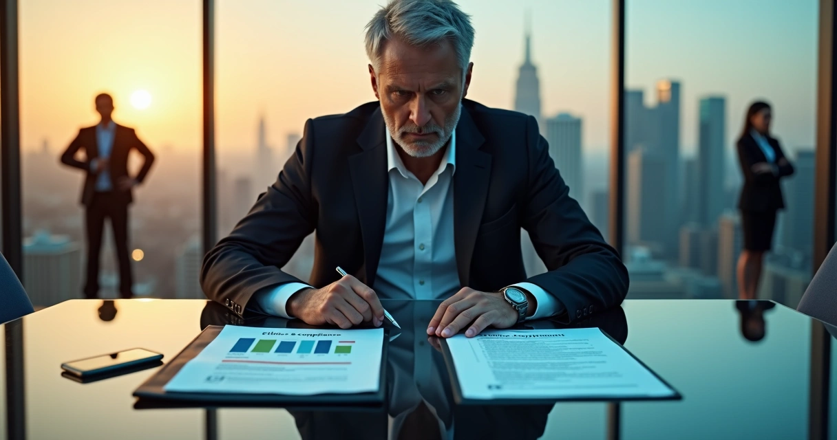 Executivo em sala de reunião moderna dividido entre decisão ética e pressão por resultados 