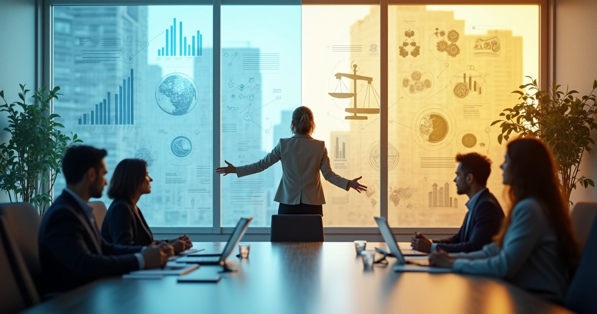 Executiva liderando reunião com equilíbrio entre dados técnicos e valores humanos 