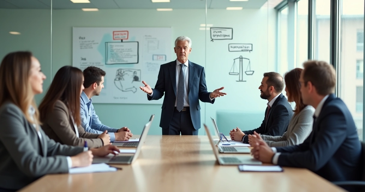Líder em reunião com equipe diversa em ambiente corporativo ético 