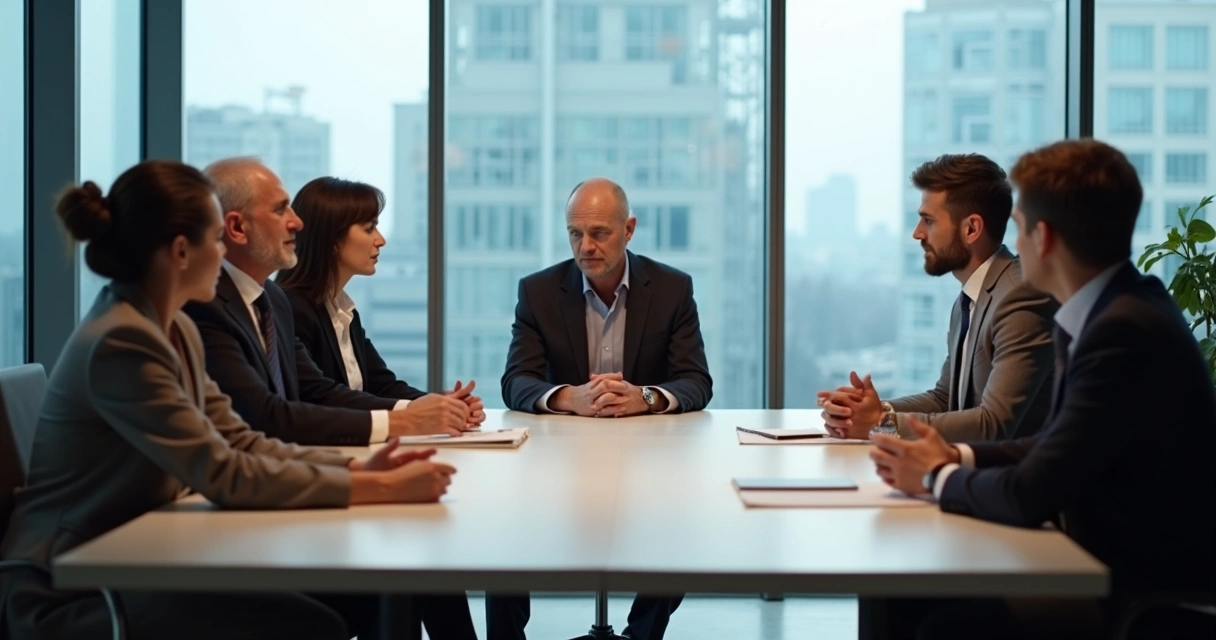 Grupo de líderes em reunião, expressando emoções diferentes de forma sutil. 