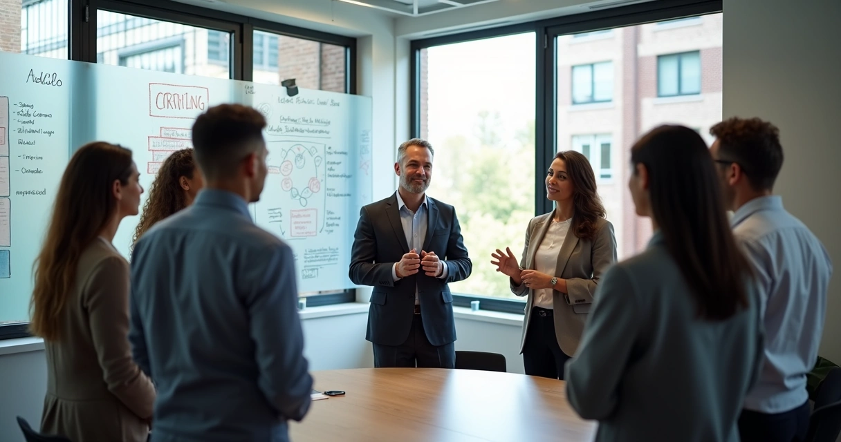 Líder interagindo com equipe em círculo