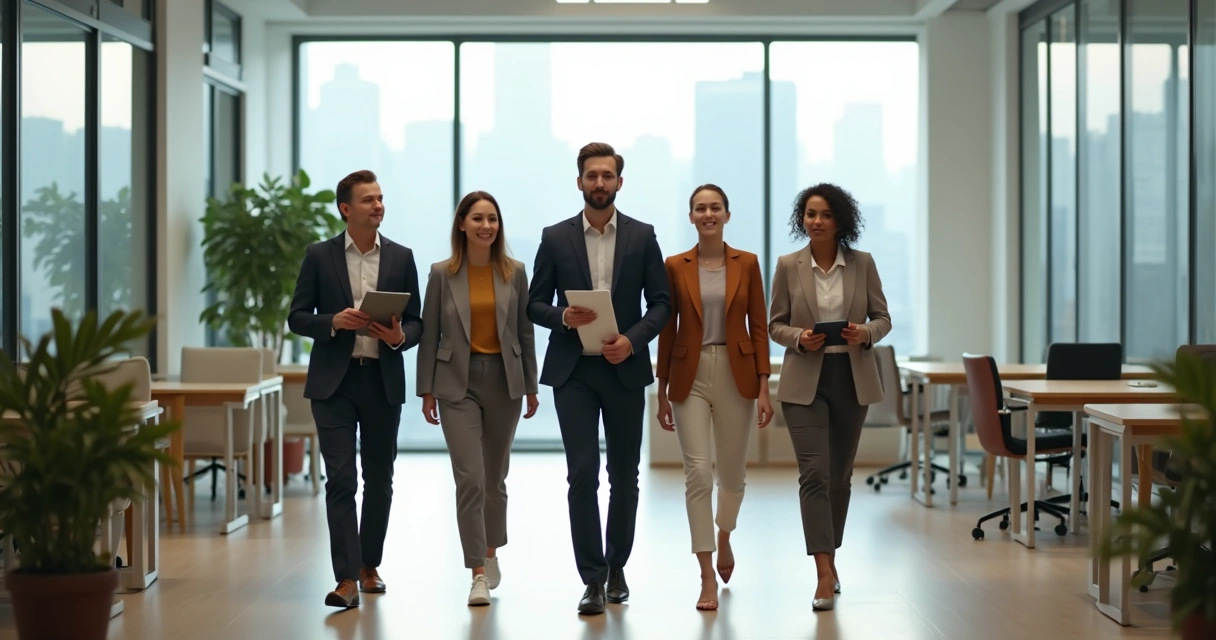 Líder caminhando à frente de equipe diversa em ambiente corporativo moderno 