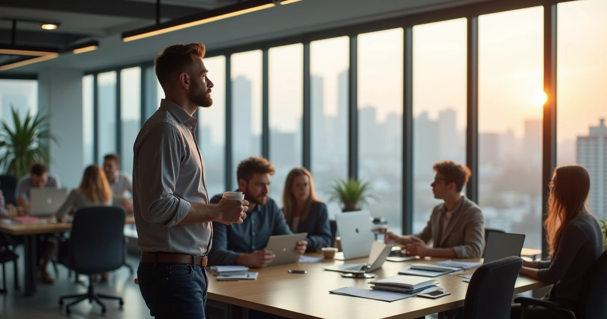 Líder tomando café enquanto observa colaboradores.