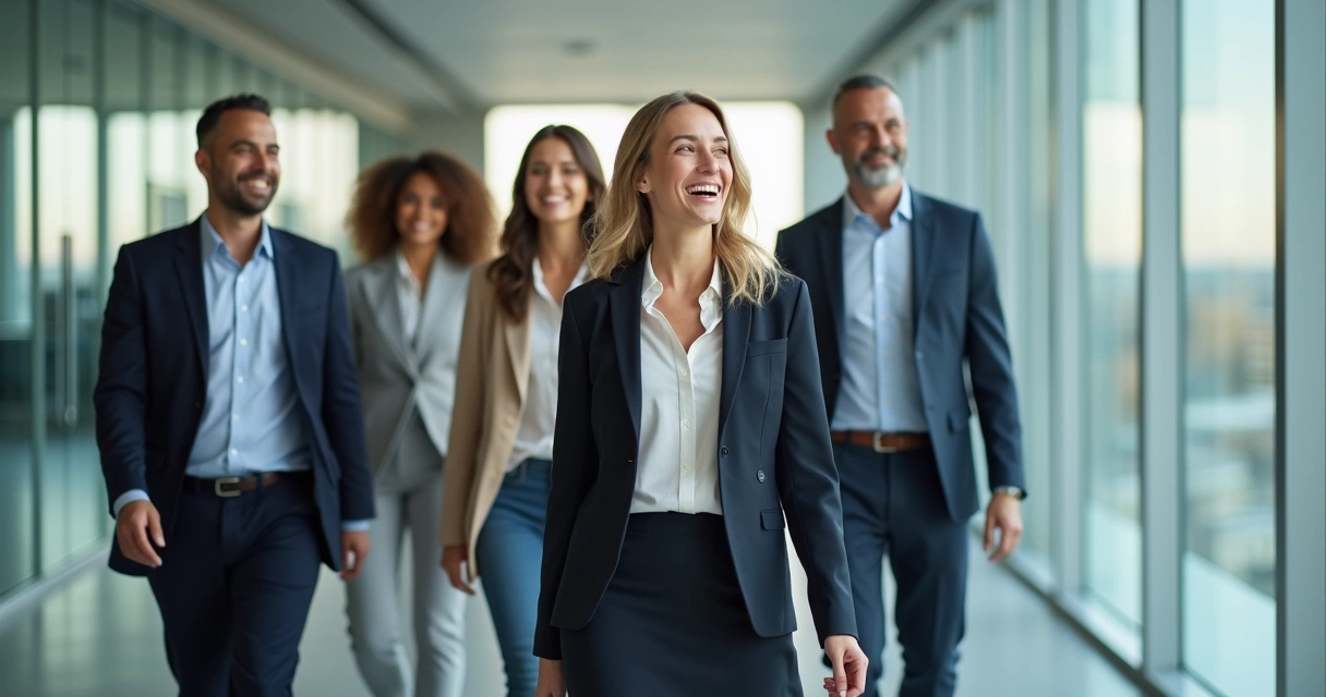 Líder caminhando ao lado de colegas no corredor, todos em clima de respeito e colaboração 