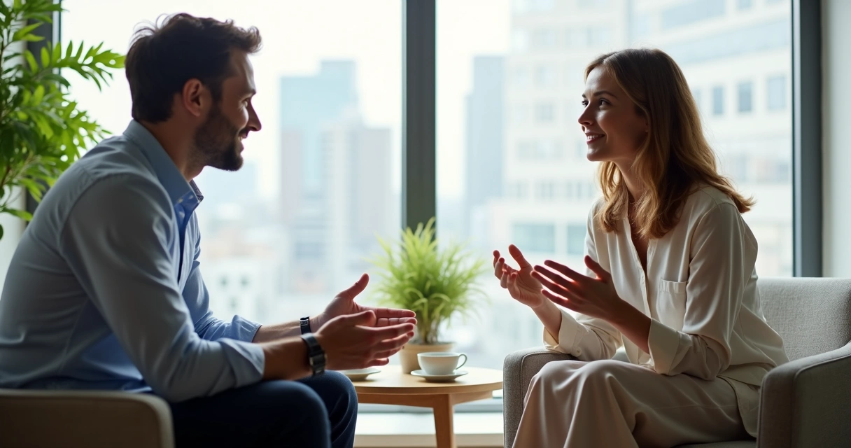 Líder ouvindo colega de trabalho com empatia durante conversa 