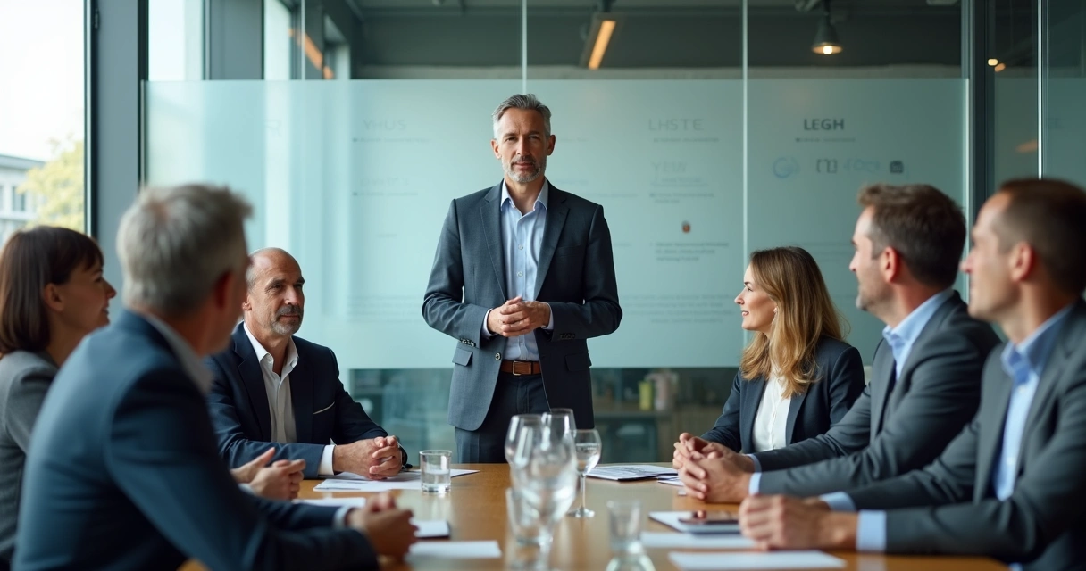 Líder de empresa em reunião com equipe, todos atentos e participando