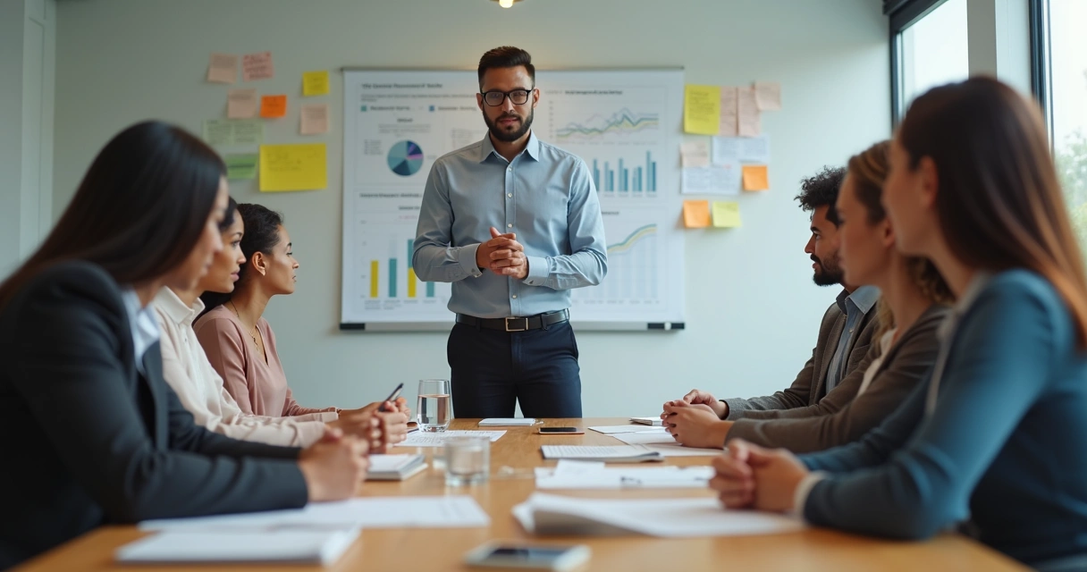 Líder à frente de equipe em reunião, todos atentos à sua postura 