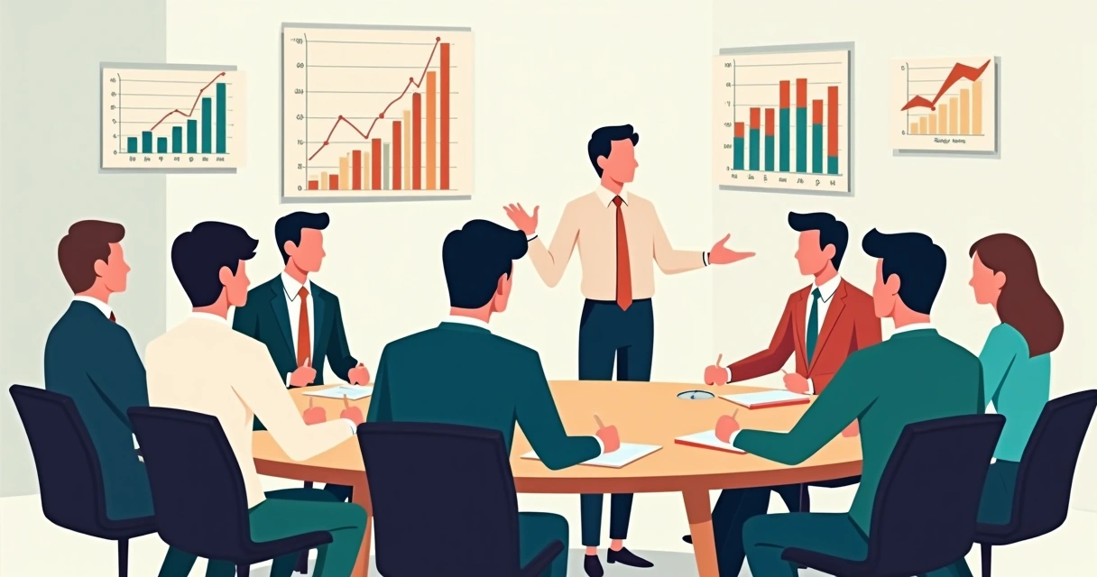 Equipe de liderança reunida planejando expansão, quadros com indicadores de desempenho ao fundo.