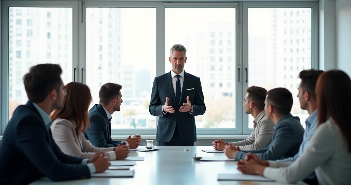 Líder apresentando para equipe, postura aberta, gestos com mãos, equipe atenta 