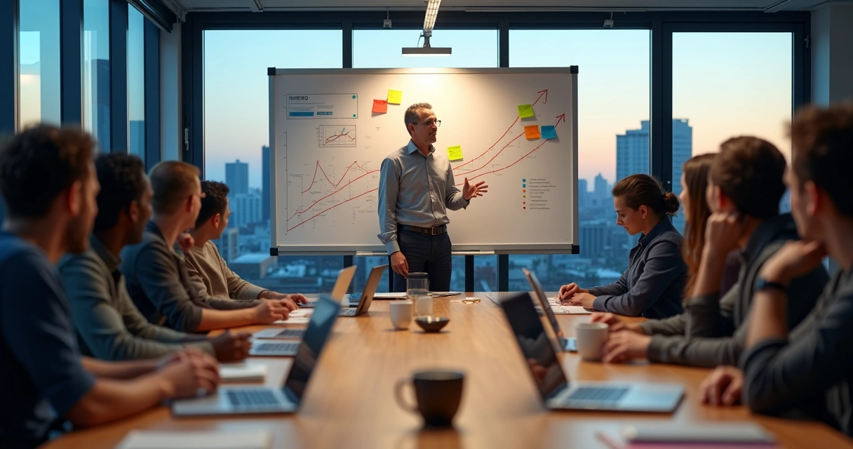 Equipe de startup observando líder externa orientando próximos passos em um quadro 