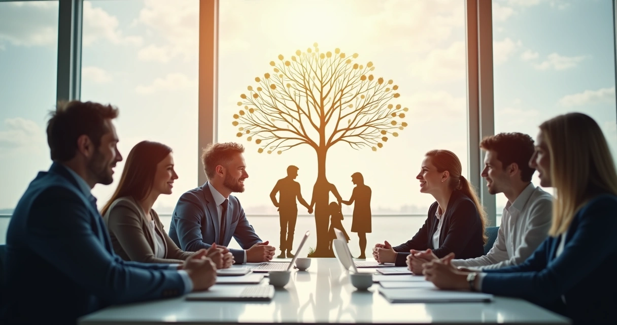 Representação gráfica de padrões familiares invisíveis conectando líderes e suas equipes 