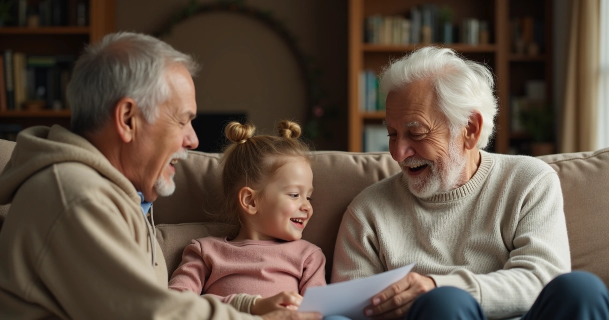Duas gerações de família conversando em sala de estar 