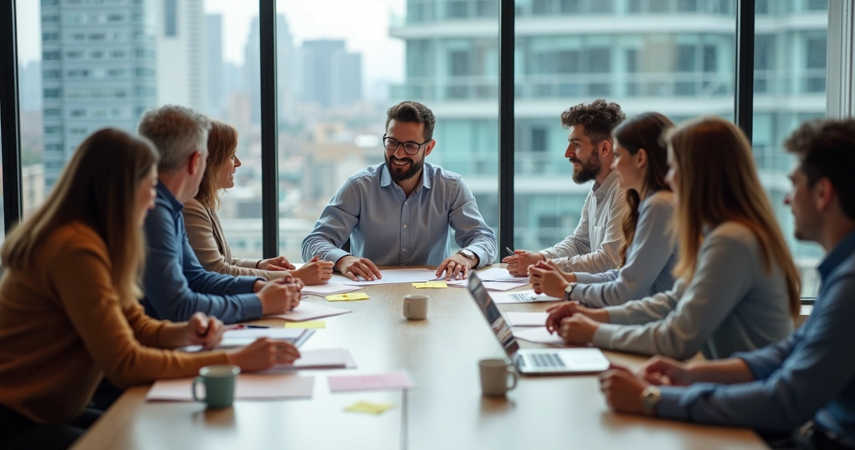 Equipe reunida ao redor de uma mesa com papéis e laptops, discutindo feedback em reunião
