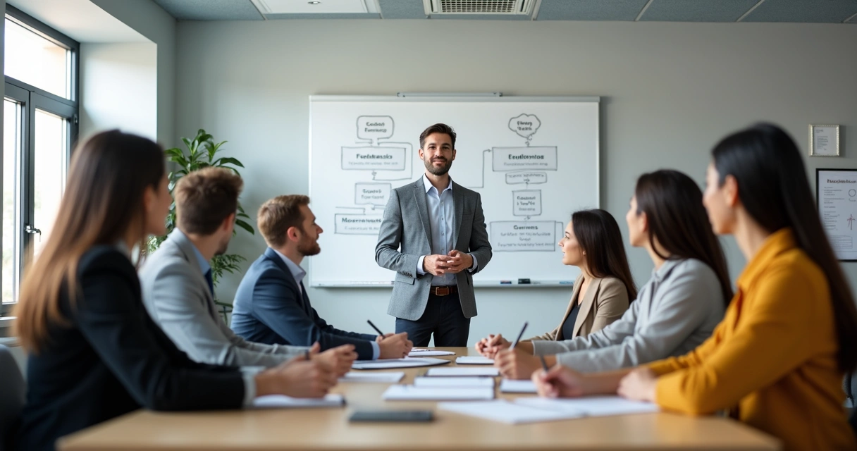 Gestor dando feedback a uma equipe em escritório 