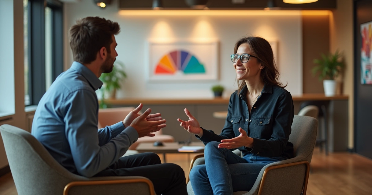 Líder e colaborador em conversa construtiva sentados em ambiente corporativo 