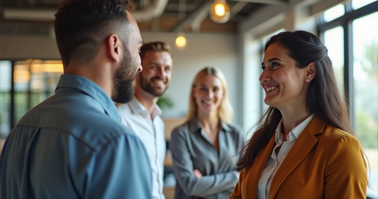 Líder dando feedback positivo para colaborador com equipe ao fundo 
