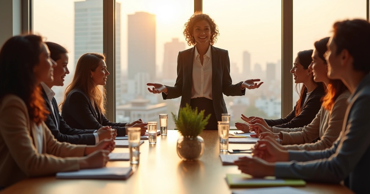 Líder feminina acolhendo equipe diversa em reunião circular em escritório claro 