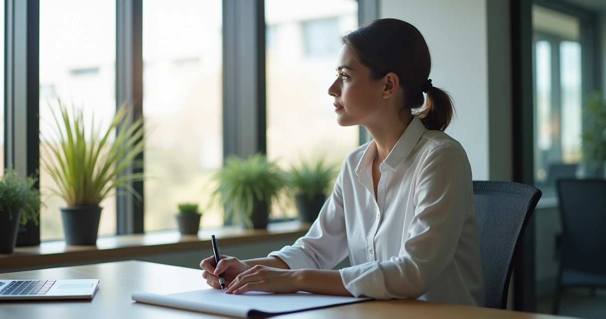 Mulher sentada em ambiente corporativo com caderno e caneta, refletindo em silêncio diante de uma grande janela com área de trabalho ao fundo 