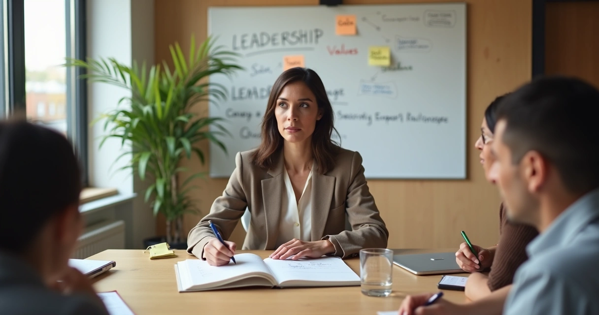Líder feminina em reunião refletindo com caderno de anotações 