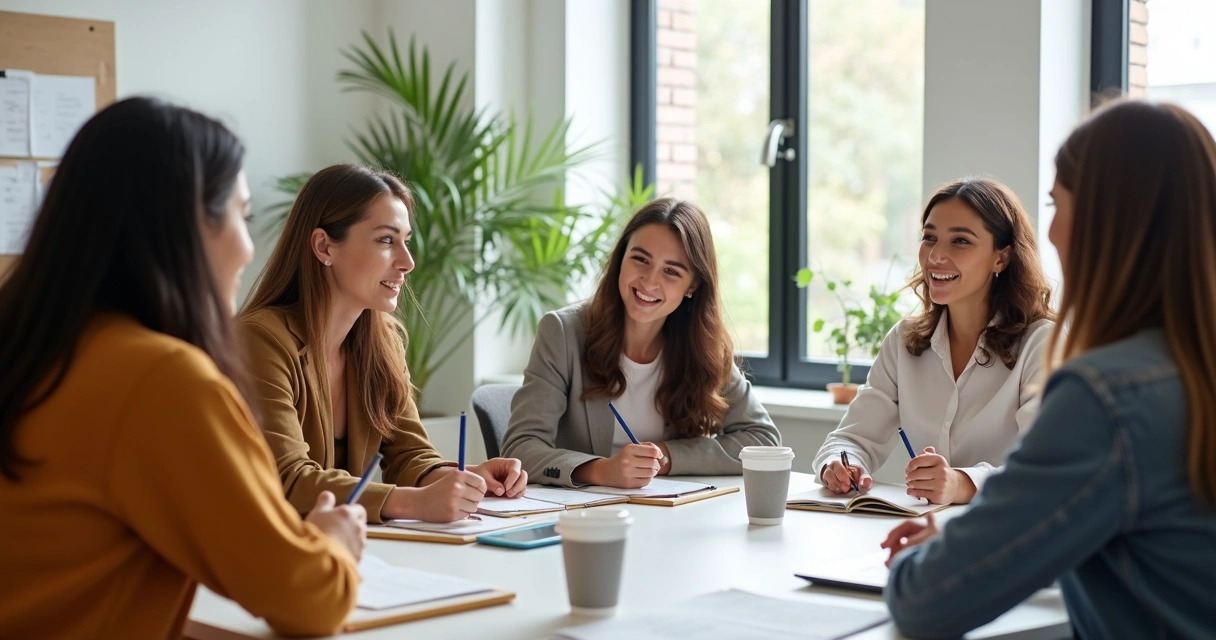 Grupo de mulheres em reunião, discutindo ao redor de uma mesa com cadernos e laptops 