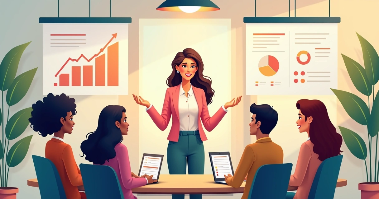 Liderança feminina conectando equipe diversa, elementos de colaboração 