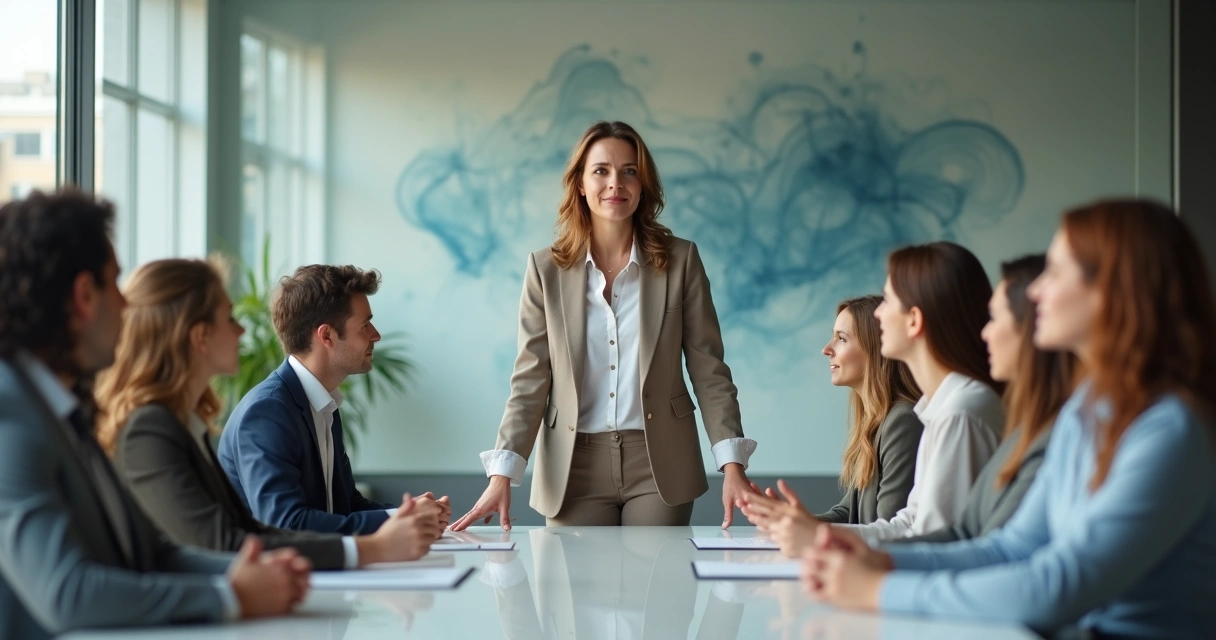 Mulher líder em reunião com equipe em ambiente corporativo moderno 