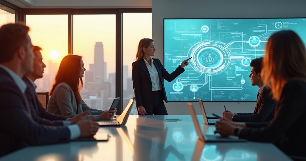 Mulher líder em reunião estratégica olhando para painel com conexões sistêmicas 