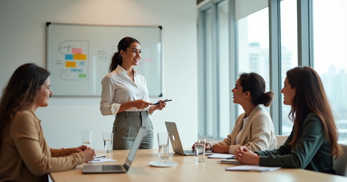 Líder mulher falando com equipe em reunião de trabalho 