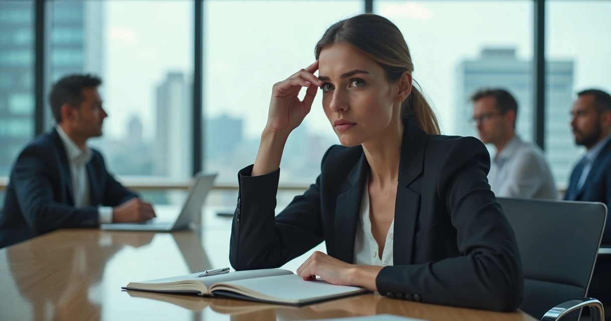 Líder feminina pensativa em reunião refletindo sobre emoções internas 