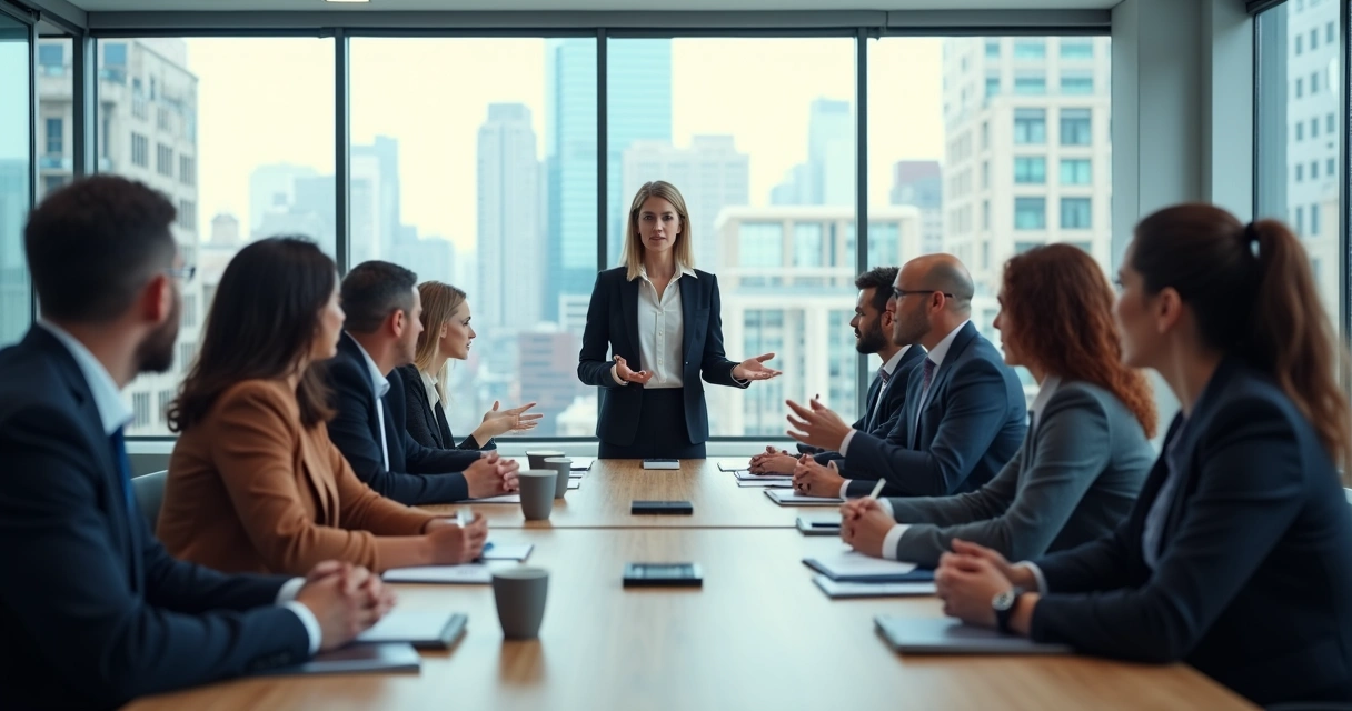 Mulher líder falando com equipe diversa em sala de reunião 