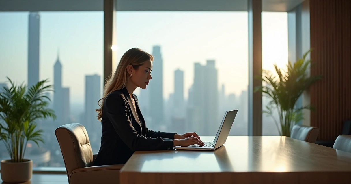 Mulher líder empresarial elegante em escritório moderno com vista panorâmica, ambiente sofisticado e iluminação natural 