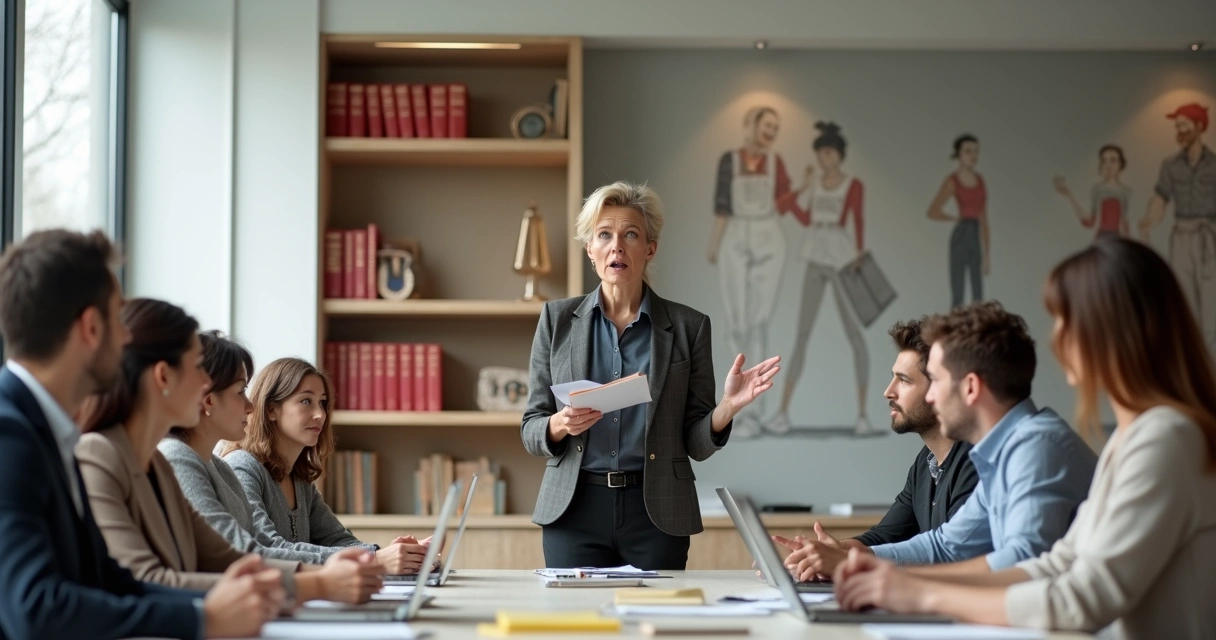 Mulher líder falando para equipe em ambiente corporativo com livros de filosofia ao fundo 