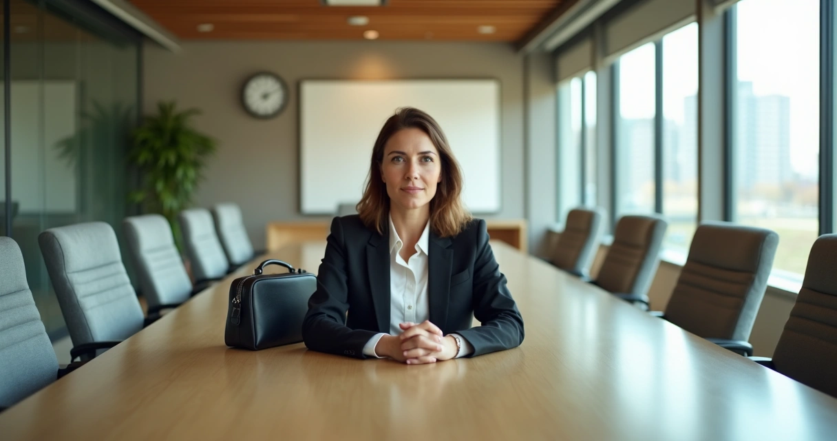 Mulher em traje de liderança sozinha em sala de reuniões