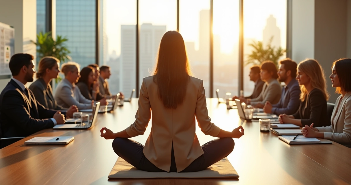Mulher em posição de meditação liderando reunião em escritório moderno 