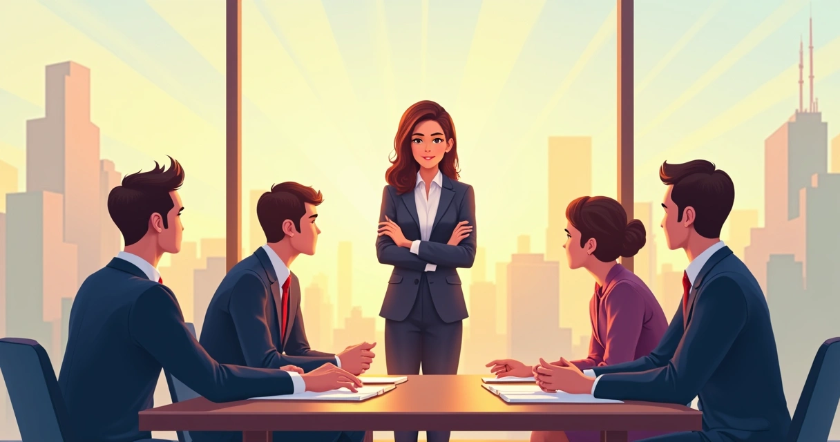 Mulher em reunião liderando grupo, mostrando confiança e liderança em ambiente corporativo